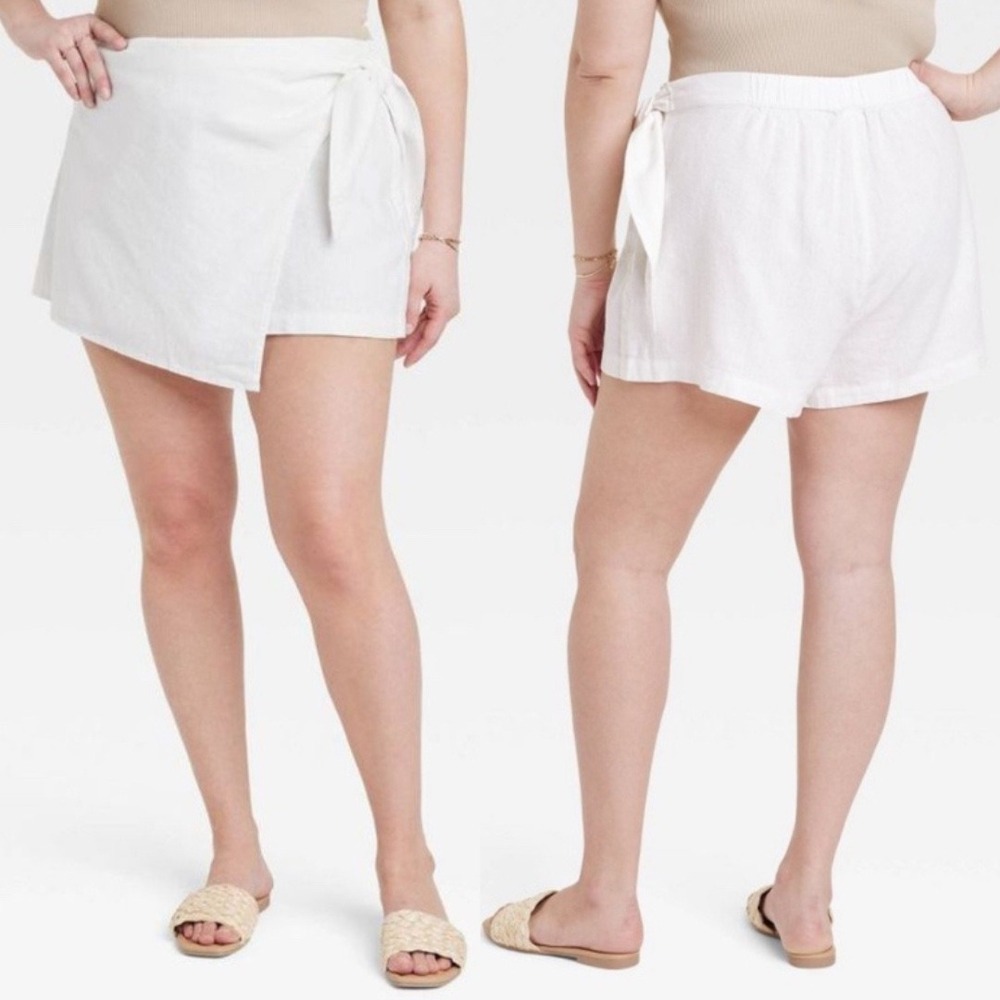 A NEW DAY Linen Blend Wrap Skort Size 16 White Coastal Summer Minimalist Preppy